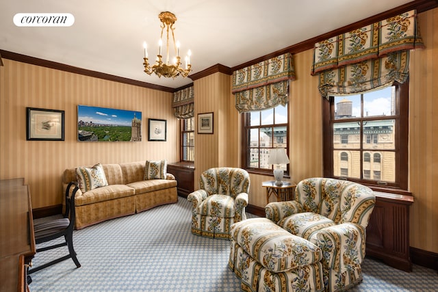 895 Park Ave Phc, Phc, New York City, NY 10075 - living area featuring crown molding, carpet floors, a chandelier, baseboards, and visible vents