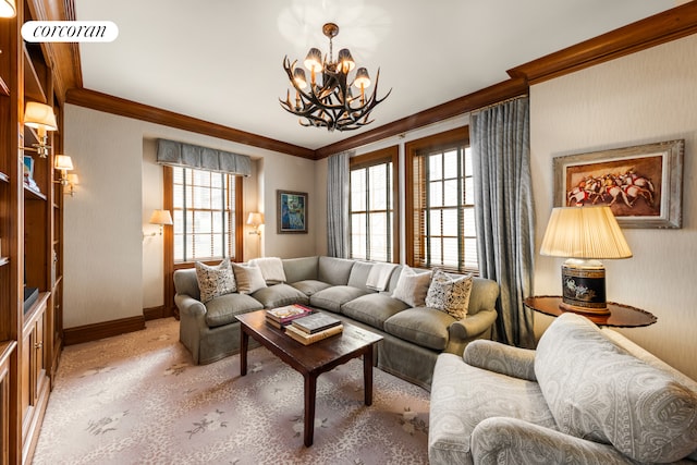 895 Park Ave Phc, Phc, New York City, NY 10075 - living area with an inviting chandelier, baseboards, ornamental molding, and carpet