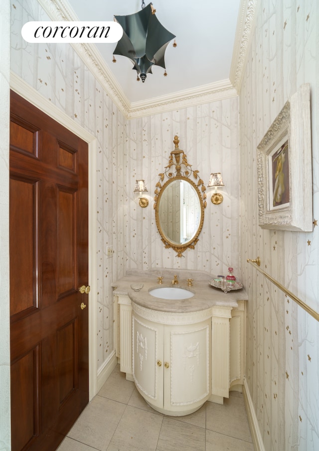 895 Park Ave Phc, Phc, New York City, NY 10075 - bathroom with vanity, tile patterned flooring, baseboards, and wallpapered walls