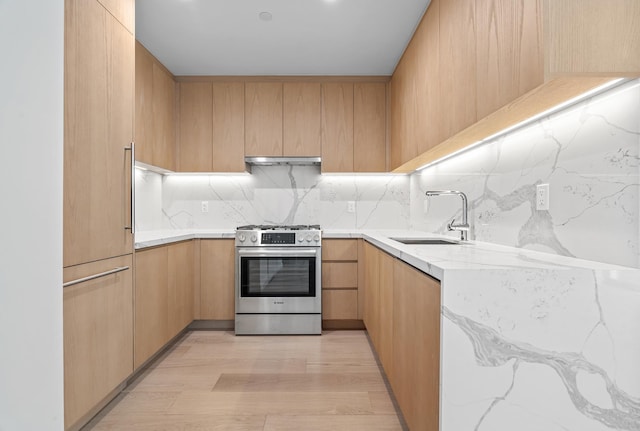 kitchen featuring gas range, modern cabinets, under cabinet range hood, and a sink