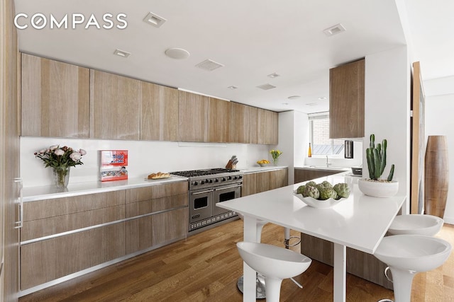 kitchen with dark hardwood / wood-style flooring, sink, and range with two ovens