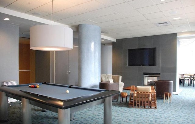 game room with pool table, a paneled ceiling, carpet flooring, and visible vents