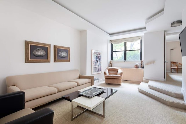 living room with light carpet, a raised ceiling, and baseboards