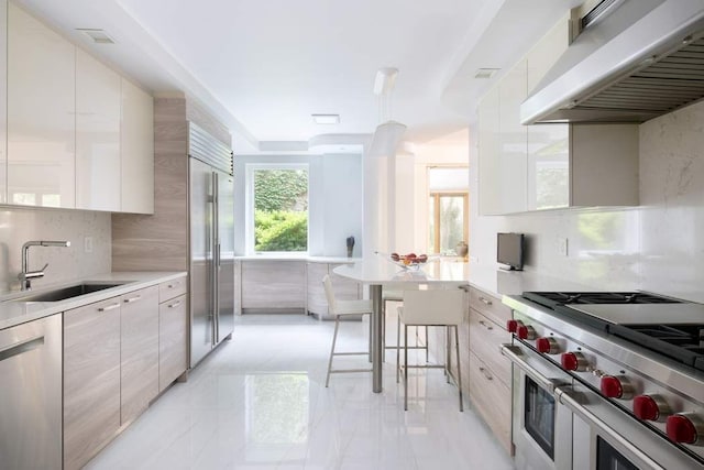 kitchen with extractor fan, high quality appliances, sink, backsplash, and a kitchen breakfast bar