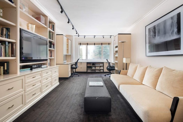 living area with dark colored carpet, built in study area, crown molding, and track lighting