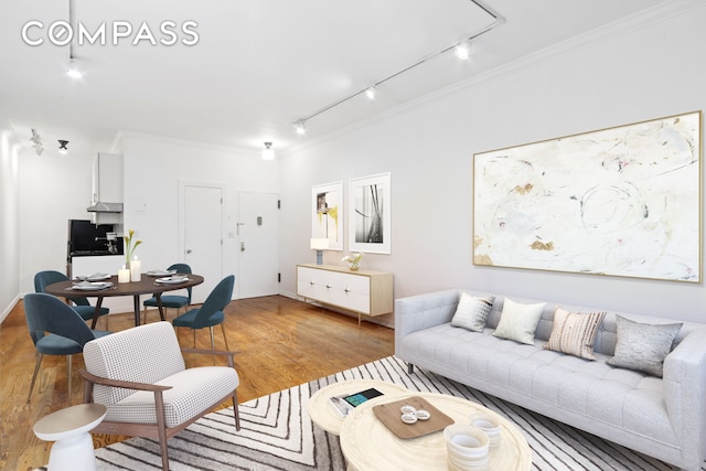 living area with crown molding, attic access, and light wood-style floors