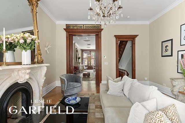 living room featuring a premium fireplace, crown molding, and hardwood / wood-style flooring