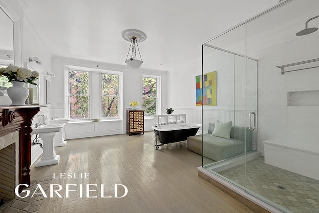 bathroom with hardwood / wood-style flooring and plus walk in shower