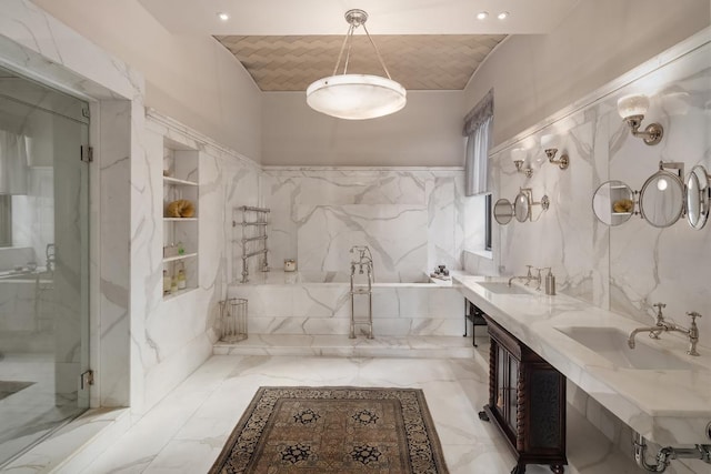 bathroom featuring brick ceiling, separate shower and tub, tile walls, and vanity