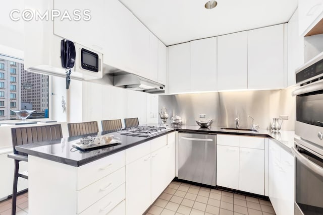 kitchen featuring stainless steel appliances, a sink, white cabinets, ventilation hood, and dark countertops