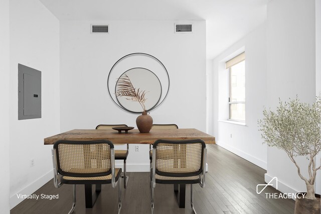 dining area featuring electric panel, dark wood finished floors, visible vents, and baseboards