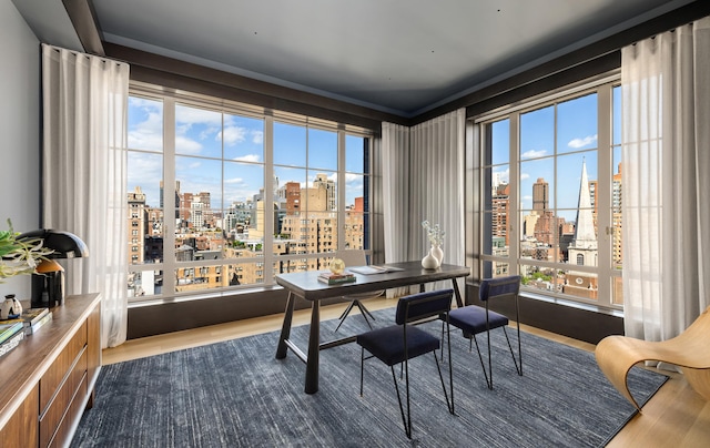 109 E 79th St Unit Ph16, New York City, NY 10075 - home office with a skyline view and dark wood finished floors