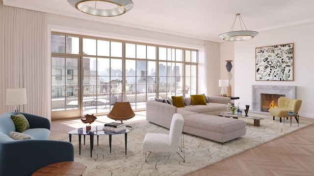 living room with a high end fireplace, ornamental molding, and light parquet flooring