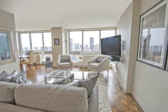 living room with parquet floors