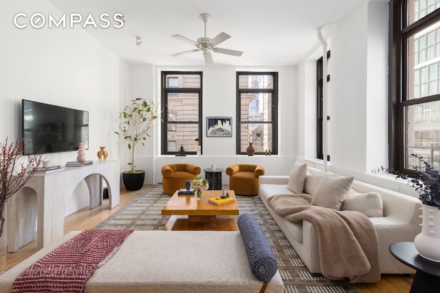 living room with ceiling fan and wood-type flooring