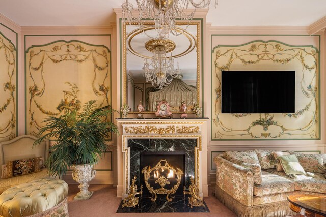 carpeted bedroom with an inviting chandelier