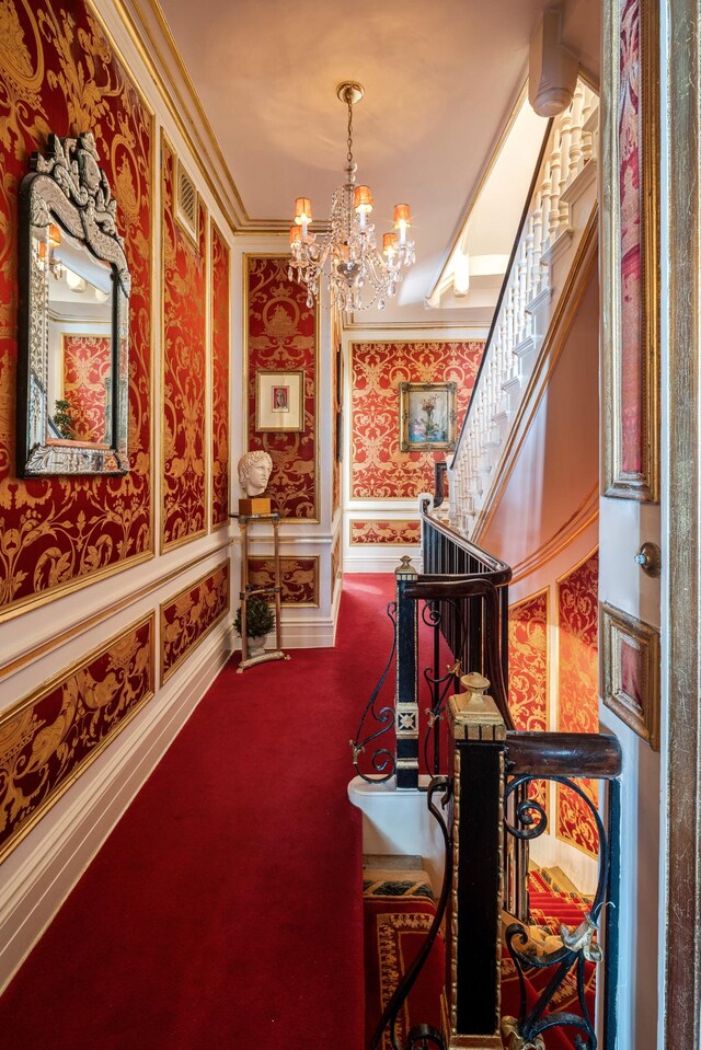 office featuring carpet and an inviting chandelier