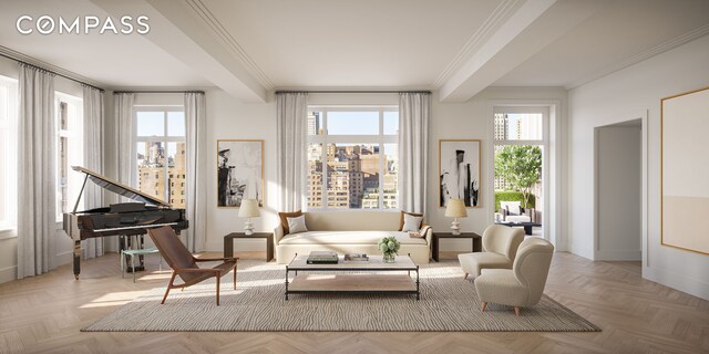 living room featuring parquet floors and ornamental molding