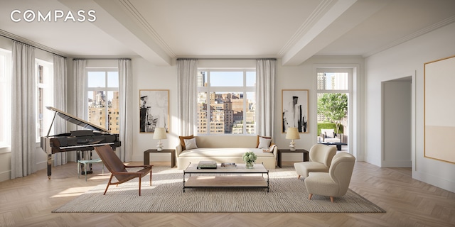 sitting room with a healthy amount of sunlight, baseboards, and crown molding