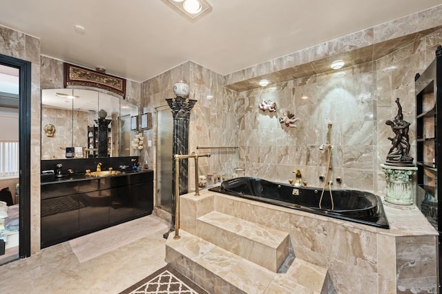 bathroom featuring a shower, tile walls, vanity, and a bath