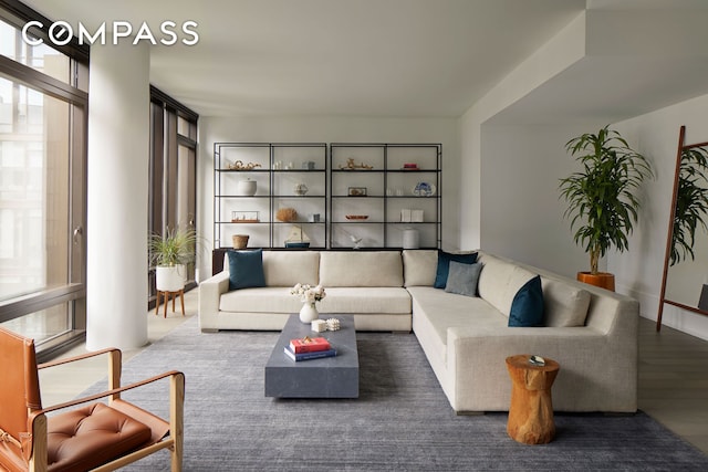 living area featuring dark wood-type flooring