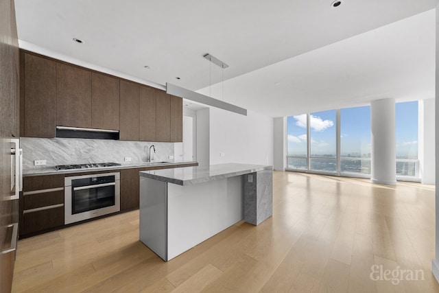 kitchen with appliances with stainless steel finishes, backsplash, light wood-type flooring, range hood, and expansive windows