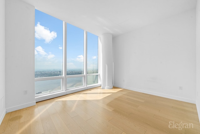 unfurnished room featuring light wood-type flooring, expansive windows, and baseboards