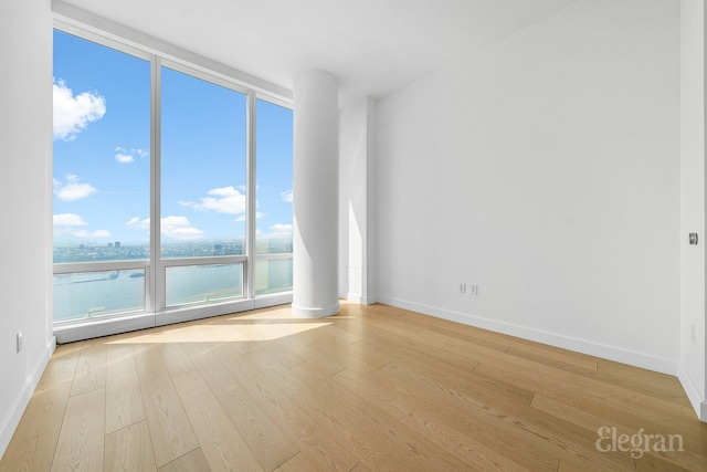 empty room with a wall of windows, wood finished floors, and baseboards