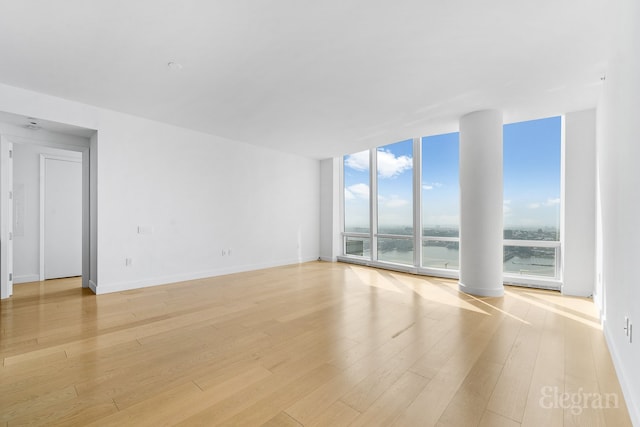 spare room with a wall of windows, a wealth of natural light, light wood-style flooring, and baseboards