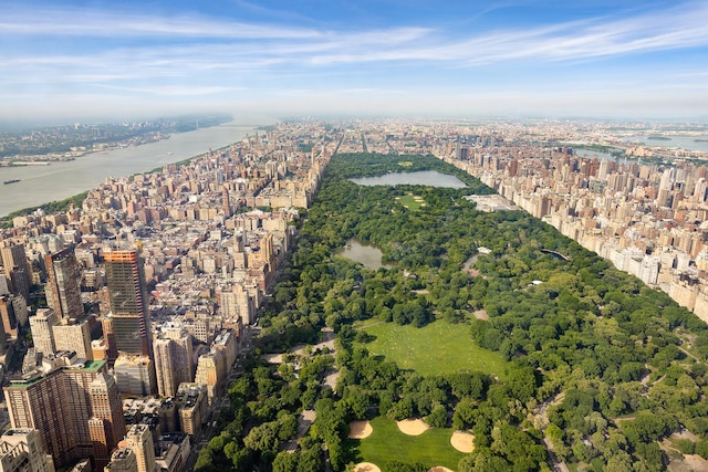 drone / aerial view featuring a view of city and a water view