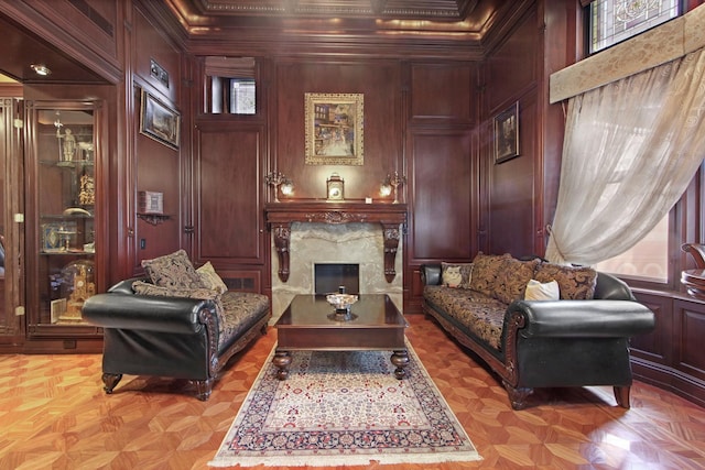 205 W 57th St Unit 4-Aa, New York City, NY 10019 - sitting room featuring ornamental molding, a fireplace, and a decorative wall