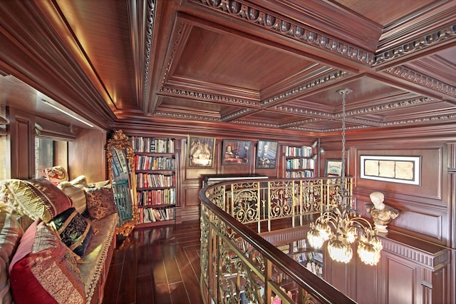 205 W 57th St Unit 4-Aa, New York City, NY 10019 - sitting room with a chandelier, wooden ceiling, crown molding, an upstairs landing, and coffered ceiling