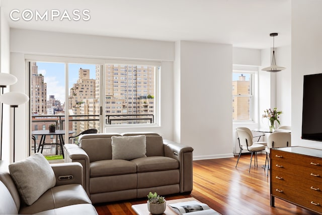 living room with baseboards, a city view, and wood finished floors