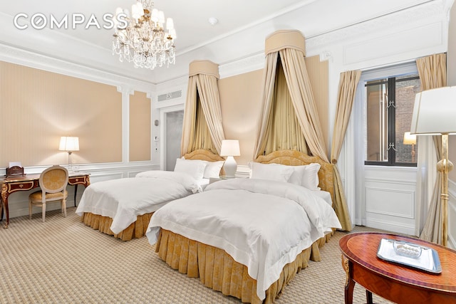 bedroom with a decorative wall, light colored carpet, and crown molding