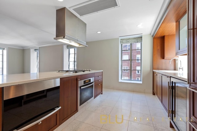 kitchen with visible vents, light countertops, custom exhaust hood, stainless steel appliances, and a sink