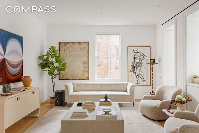 living area featuring crown molding, light wood-style flooring, and a healthy amount of sunlight