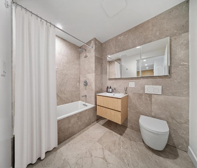 bathroom with toilet, tile walls, shower / tub combo with curtain, and vanity