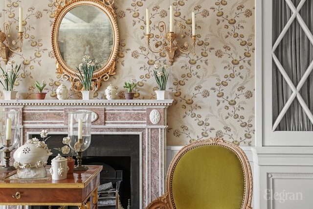 322 E 57th St Unit 12/13B, New York City, NY 10022 - detailed view of wallpapered walls, a fireplace, and wainscoting