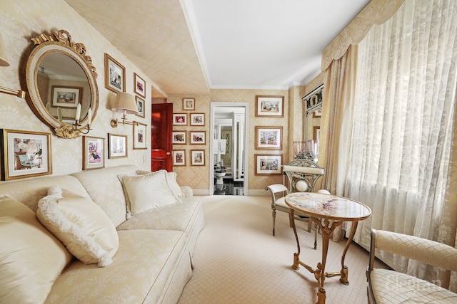 322 E 57th St Unit 12/13B, New York City, NY 10022 - living area with carpet flooring, wallpapered walls, and crown molding