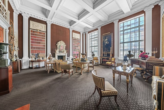 322 E 57th St Unit 12/13B, New York City, NY 10022 - misc room featuring decorative columns, carpet, beam ceiling, ornamental molding, and coffered ceiling
