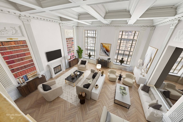 322 E 57th St Unit 12/13B, New York City, NY 10022 - living room featuring decorative columns, a fireplace, beamed ceiling, coffered ceiling, and crown molding