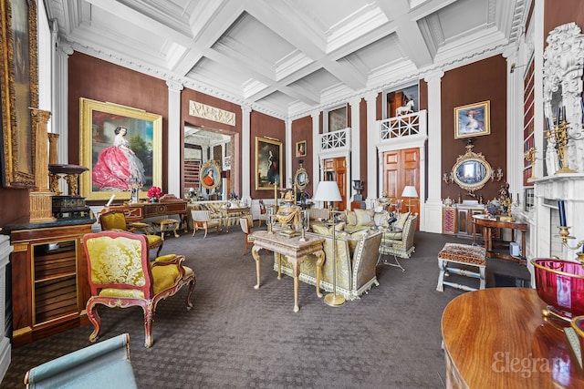 322 E 57th St Unit 12/13B, New York City, NY 10022 - common area with crown molding, beamed ceiling, coffered ceiling, and a towering ceiling