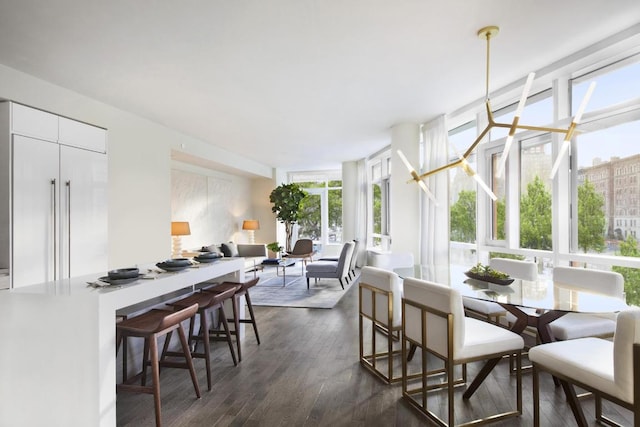 dining room featuring dark wood-type flooring and a wall of windows