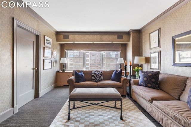 carpeted living room with crown molding