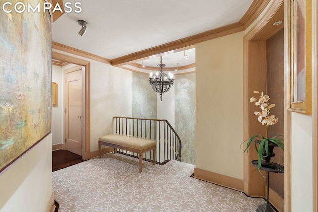 hallway featuring a chandelier and ornamental molding