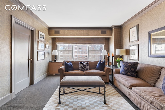 living area with baseboards, wallpapered walls, crown molding, and carpet