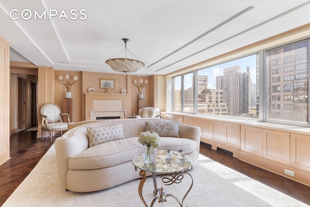 living area featuring dark wood finished floors, a view of city, and a fireplace