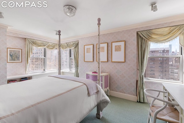 bedroom with carpet floors, multiple windows, and ornamental molding