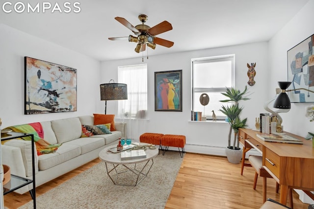 living room with ceiling fan and hardwood / wood-style flooring