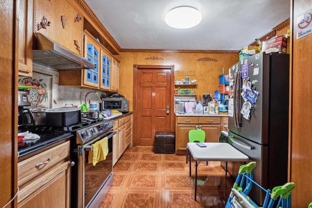 kitchen featuring tasteful backsplash, ornamental molding, and appliances with stainless steel finishes